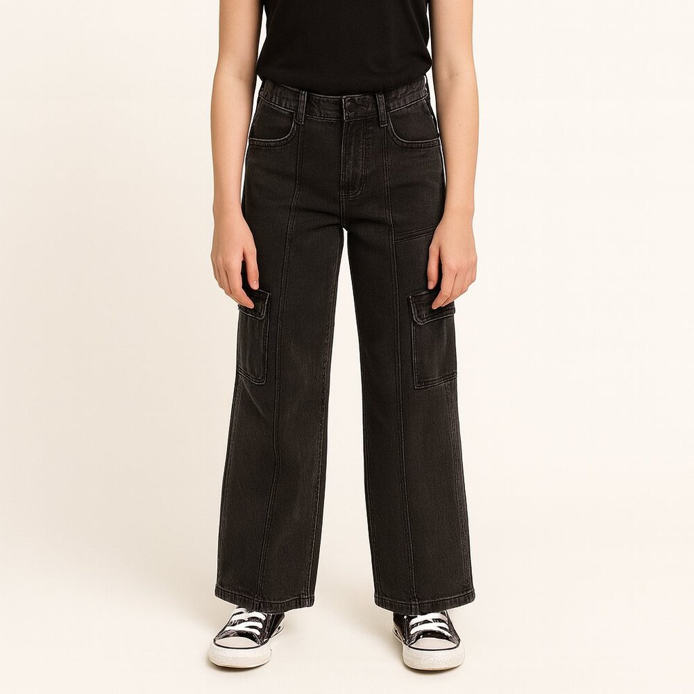 Abercrombie Kids High Rise Wide Leg Utility Carpenter Jeans Black 15/16